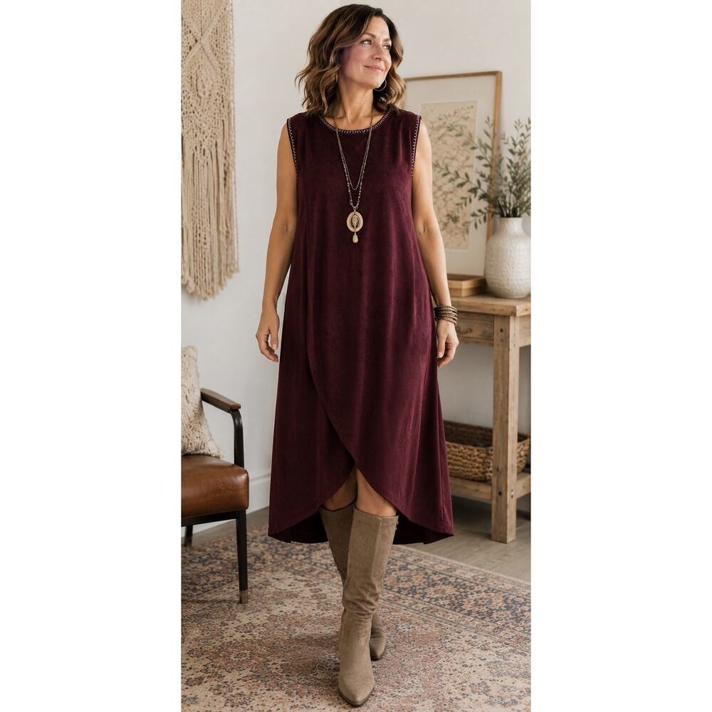 Indigo Thread Co 3X Burgundy Faux Suede Tunic Dress Whipstitch Boho Plus